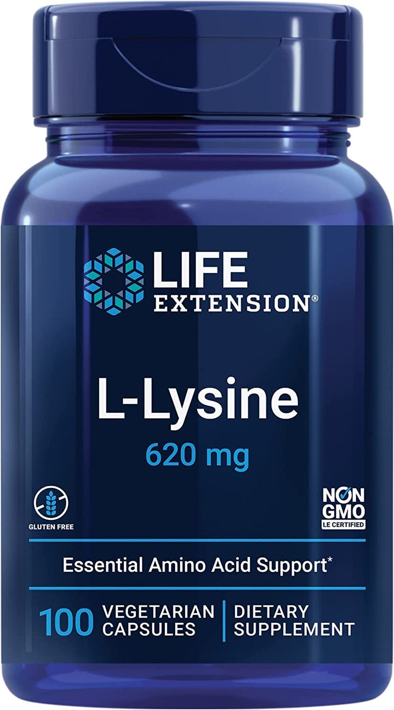 Life Extension, L-Lysine, 620mg, High Dose, 100 Vegan Capsules, Laboratory Tested, Gluten Free, Vegetarian, SOYA Free, GMO Free - BeesActive Australia