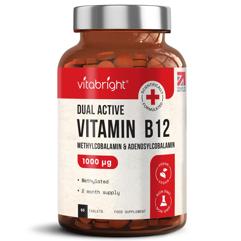 Vitamin B12 Tablets - 1000mcg High Strength - Dual Active Methylcobalamin and Adenosylcobalamin - 60 Tablets (2 Month Supply) - for Immune System, Brain and Energy - Vegan - Made in UK by VitaBright 60 Count (Pack of 1) - BeesActive Australia