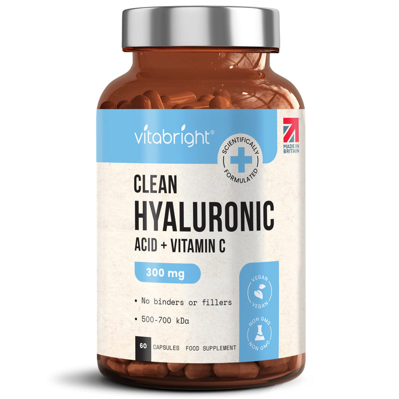 Hyaluronic Acid Capsules - High Strength 300mg - Premium Grade 500-700kDa - 60 Capsules (2 Month Supply) - With Vitamin C - Natural Moisturiser For Face, Body, Skin & Joints - Made In UK By Vitabright - BeesActive Australia