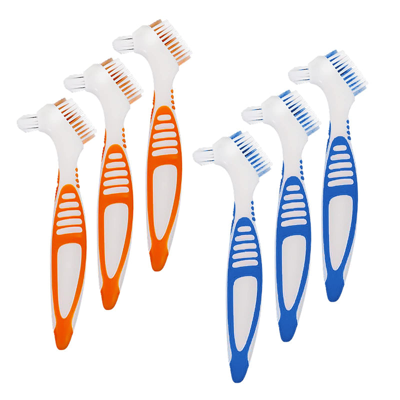 6 Pieces Denture Toothbrush Cleaning Brush Double Head Denture Cleaning Brush with Soft Plastic Rubber Handle False Teeth Cleaning Brush Set for 3 Blue and 3 Orange Blue and Orange - BeesActive Australia