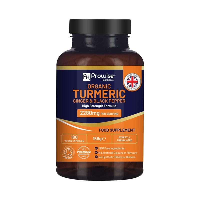 Organic Turmeric 2280mg (High Strength) with Black Pepper & Ginger - 180 Vegan Turmeric Capsules with Active Ingredient Curcumin I Soil Association Approved I UK Made by Prowise Healthcare - BeesActive Australia