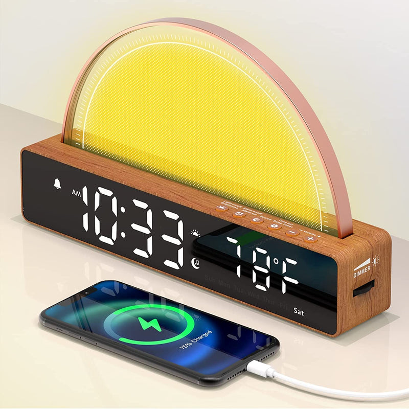 AFEXOA Sunrise Alarm Clock, Wake Up Light with Sunrise Simulation, White Noise Machine, Touch Control Bedside Lamps Dimmable Multicolor Night Light, 10 Nature Sounds, Snooze/Timer/Temperature Display Wooden - BeesActive Australia