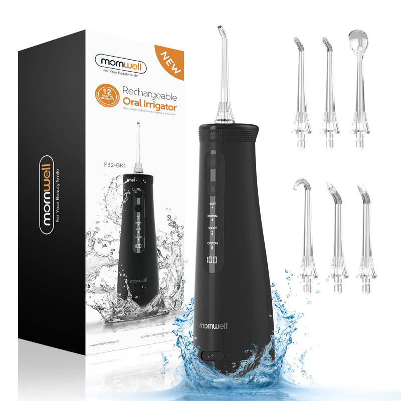 Water Flosser for Teeth,Mornwell Professional Portable Water Teeth Cleaner Picks, 270ML 4 Cleaning Modes 6 Jet Tips, IPX7 Waterproof, USB Rechargeable Water Dental Picks for Cleaning Black-f32 - BeesActive Australia