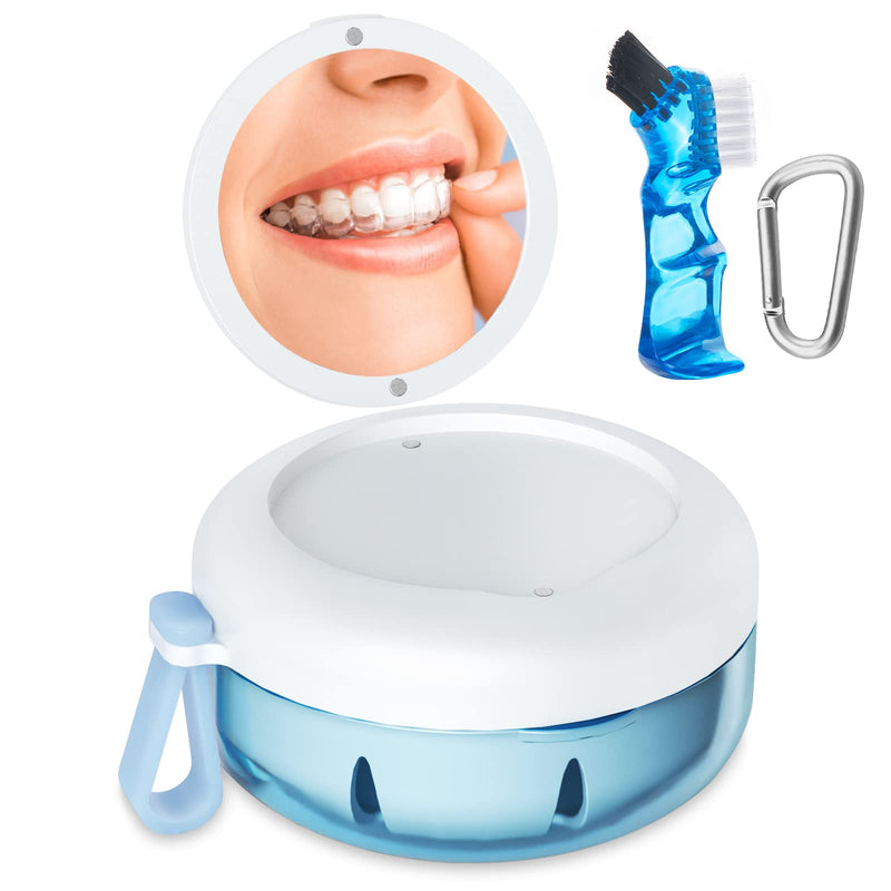 Denture Bath Box, Retainer Case for Braces, Leakproof Portable Retainer Box, Denture Cleaning Kit with Cleaner Brush Carabiner, Strainer & Mirror, Denture Cup for Aligner Retainer Mouth Guard White 3.74 x 3.74 x 1.96 inch - BeesActive Australia