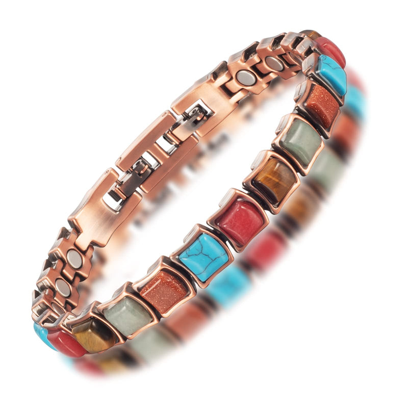 EnerMagiX Copper Magnetic Bracelet Men Women Magnetic Bracelets with Magnets and Multi-Color Stone Wristband Gifts Adjustable Size - BeesActive Australia
