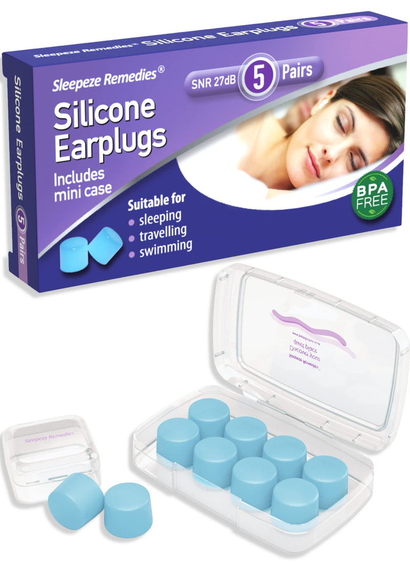 Sleepeze Remedies Ear Plugs for Sleeping, 5 Pairs Blue Silicone Earplugs for Sleep, Ear Defenders Adults and Kids, Noise Cancelling Wax Ear Plug for Snoring, Concert, Swimming, Travel, Holiday, Flight - BeesActive Australia