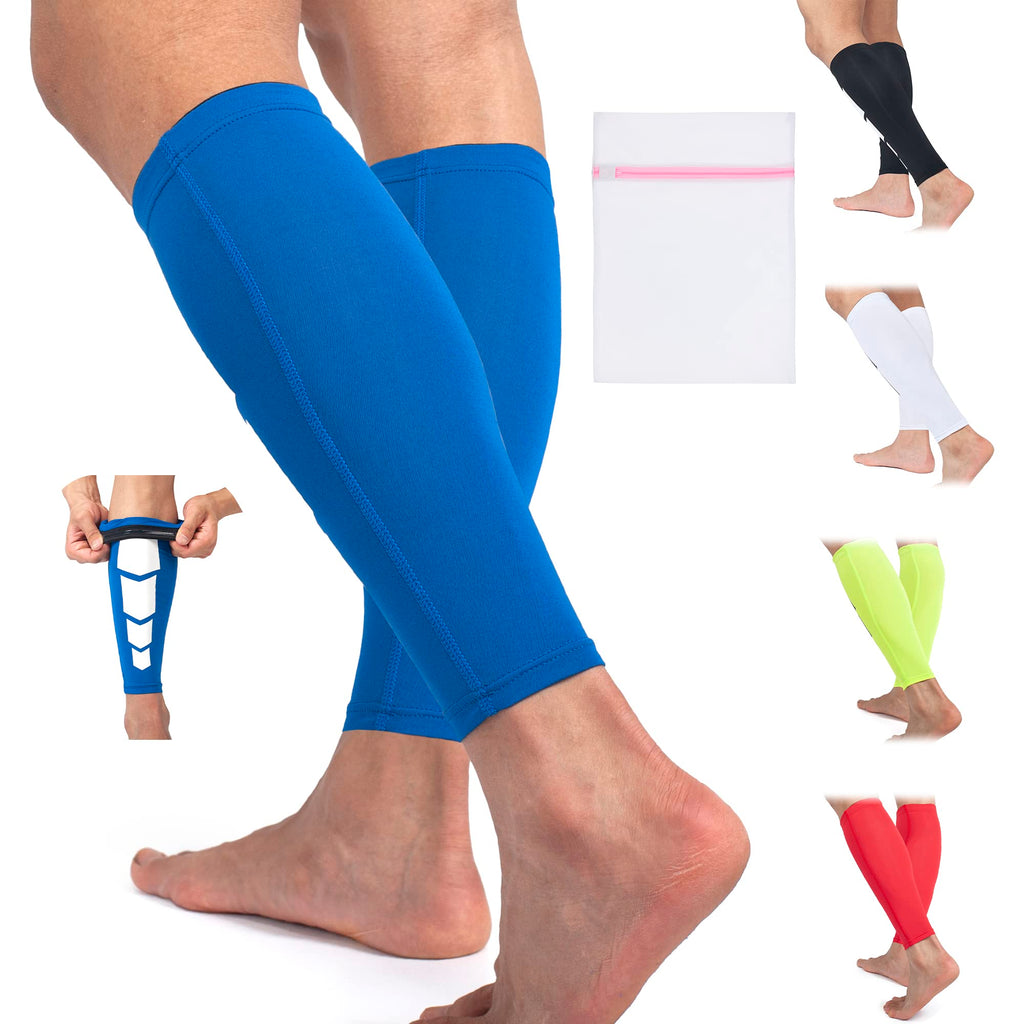 360 RELIEF Compression Calf Sleeves - for Fitness Sports | Shin Splints, Torn Muscle Cramps, Workout, Circulation, Running, Jogging, Marathon, Hiking | 1 Pair, X-Large, Blue with Mesh Laundry Bag | XL-1PAIR - BeesActive Australia