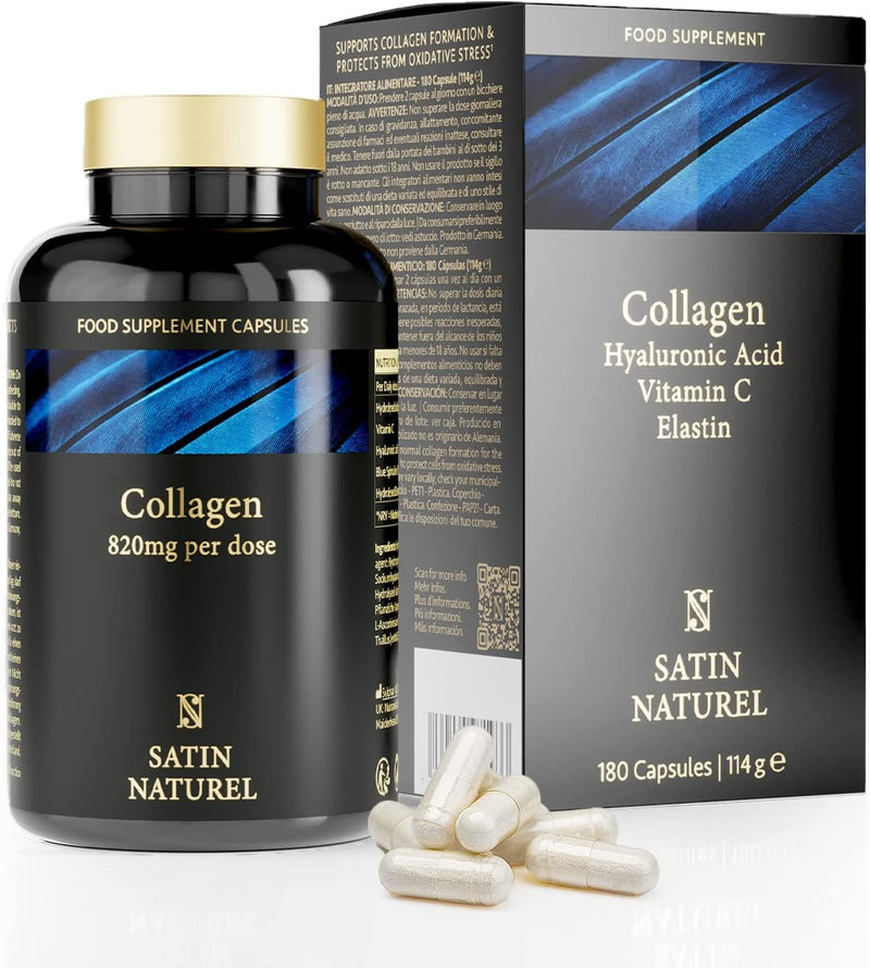 Collagen Capsules 820mg - 180 High Strength Capsules (3 Months Supply) - Premium Bovine Collagen Supplements for Women and Men - with Hyaluronic Acid and Vitamin C to Support Skin - Satin Naturel - BeesActive Australia