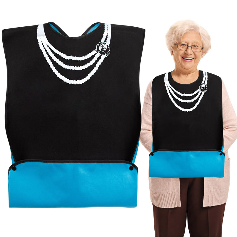 Heveer Bib for Adults Waterproof Bib with Crumb Compartment Press Studs for Seniors Women Men Black Pearl Chain Pattern - BeesActive Australia