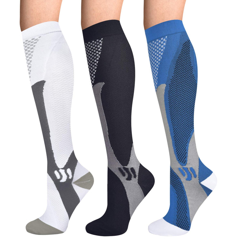 Evolyline 3 Pairs Compression Socks for Women & Men, Knee Length Medical Compression Socks Men, Fit for Running Flying Nursing Flight Travel Sports varicose veins Promote Circulation 20-30 mmhg L-XL Black+White+Blue - BeesActive Australia