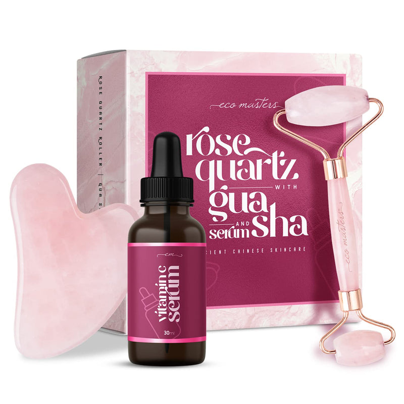 Rose Quartz Roller and Gua Sha Set with Vitamin C Serum - Face Roller Massager for Skin Tightening, Eye & Face Care - Anti Ageing Face Rollers for Women & Men - Skincare Gift Sets for Women - BeesActive Australia
