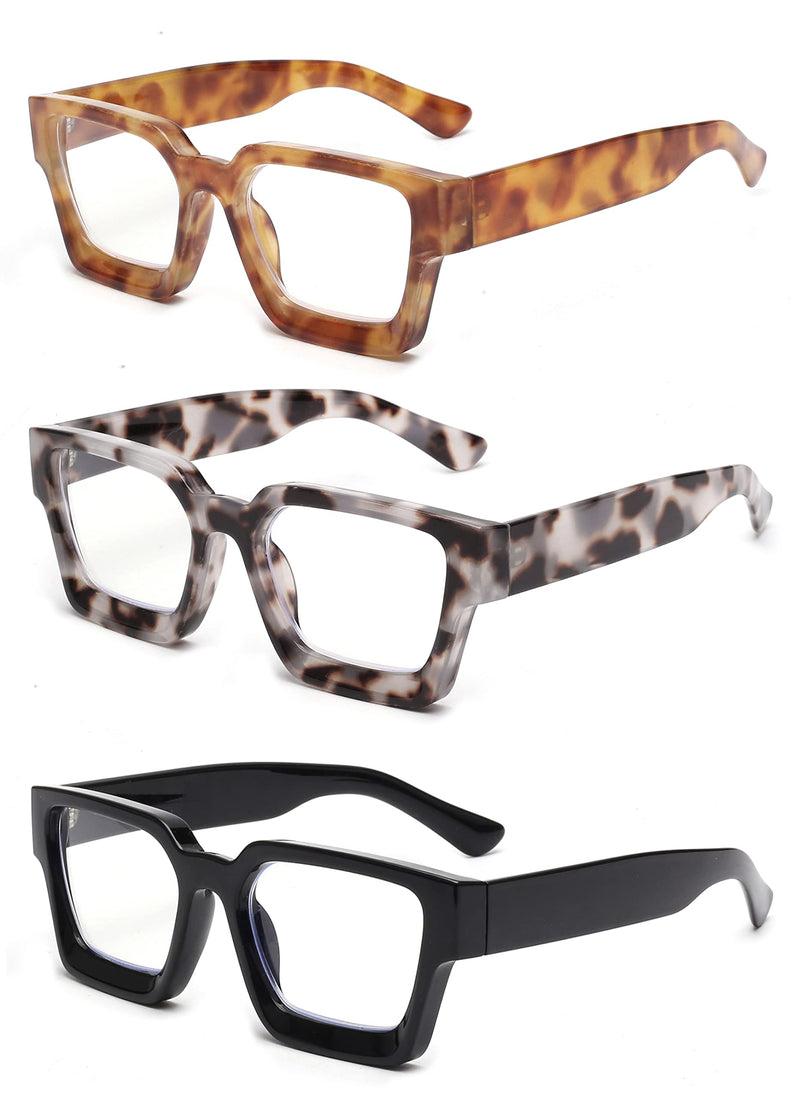 JM 3 Pack Square Reading Glasses, Blue Light Blocking Computer Reader for women men 3 Pack Mixed Color 0.0 x - BeesActive Australia
