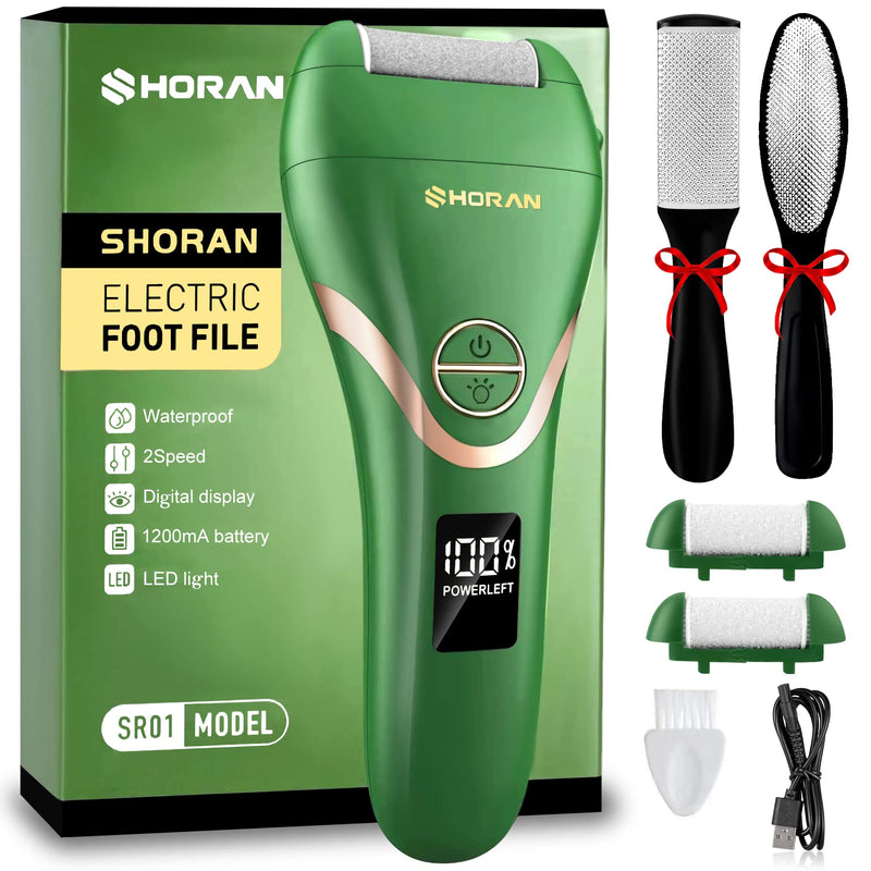 SHORAN Electric Foot File Feet Hard Skin Remover, Professional Callus Remover Foot Grinder Pedicure Foot Care Set for Dead Skin Dry Skin, USB Rechargeable with 3 Replacement Roller and 2 Foot Scraper Green Foot File - BeesActive Australia