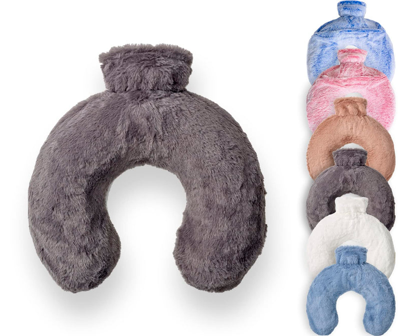 Luxury Hot Water Bottle with Faux Fur Cover, Soft Fluffy Neck U Shape Cosy Fleece, 1.8L Capacity (Twilight Grey) Twilight Grey - BeesActive Australia