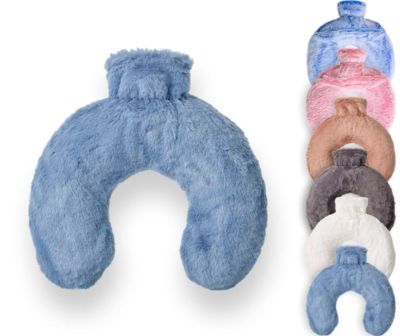 Luxury Hot Water Bottle with Faux Fur Cover, Soft Fluffy Neck U Shape Cosy Fleece, 1.8L Capacity (Sapphire Blue) Sapphire Blue - BeesActive Australia