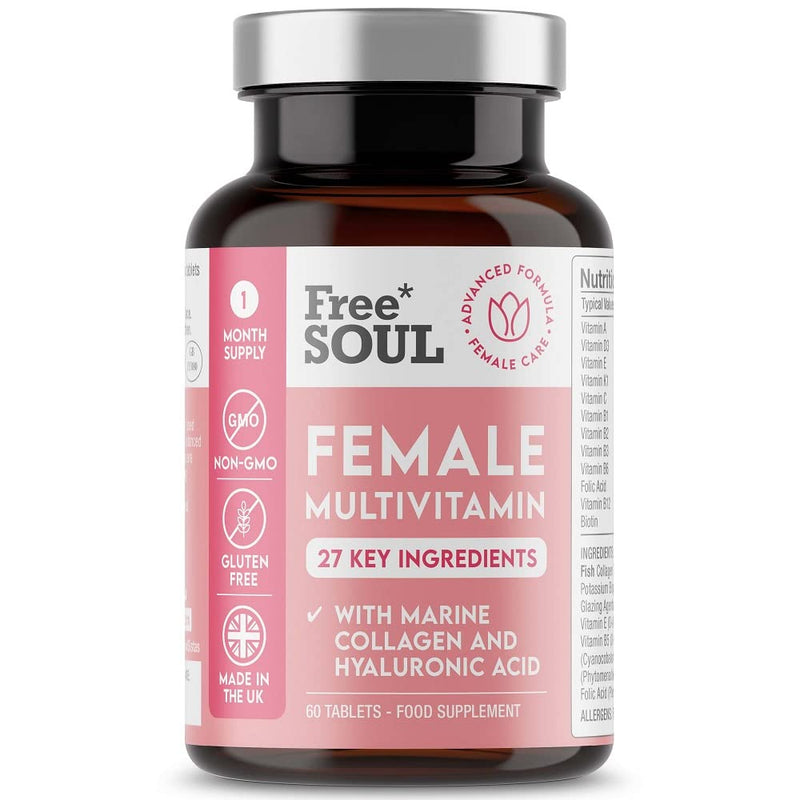 Women's Multivtamins and Minerals with Collagen & Hyaluronic Acid - 27 Essential Vitamins, Minerals, & Botanicals - 60 Tablets | Gluten-Free & No Synthetic Fillers or Binders | UK Made by Free Soul - BeesActive Australia