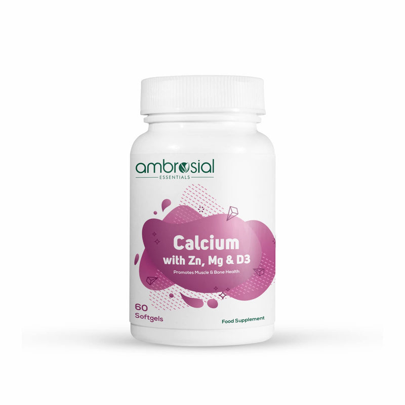 Ambrosial Calcium Magnesium Zinc & Vitamin D High Potency Calcium Supplement for Bone Health, Muscles & Teeth | Highly Bioavailable Calcium Citrate Formula | Calcium Tablets 60 Softgels 60 count (Pack of 1) - BeesActive Australia