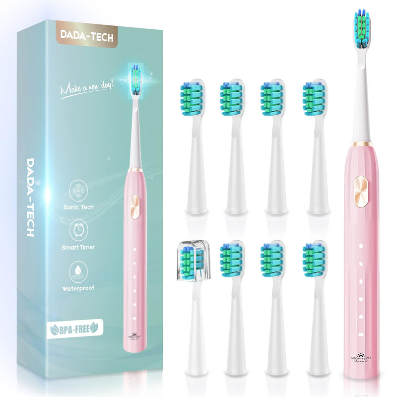 Dada-Tech Sonic Electric Toothbrush for Adults and Kids with 9 Brush Heads, 5 Modes with 2 Minutes Timer, IPX7 Waterproof, Ultrasonic Travel Toothbrush with Rechargeable Power and Fast Charging (Pink) Pink - BeesActive Australia