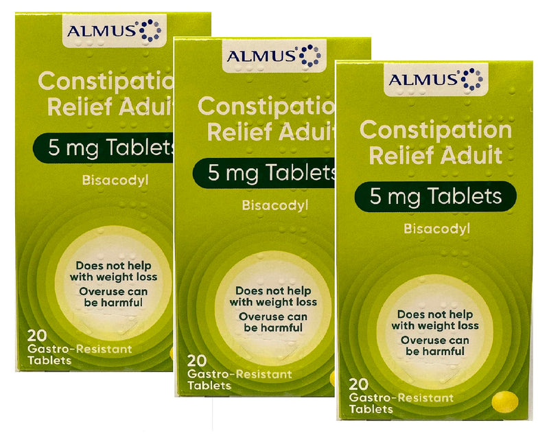 Almus Constipation Relief Gastro-Resistant Tablets 5 mg Bisacodyl - 3 x 20 Tablets - BeesActive Australia