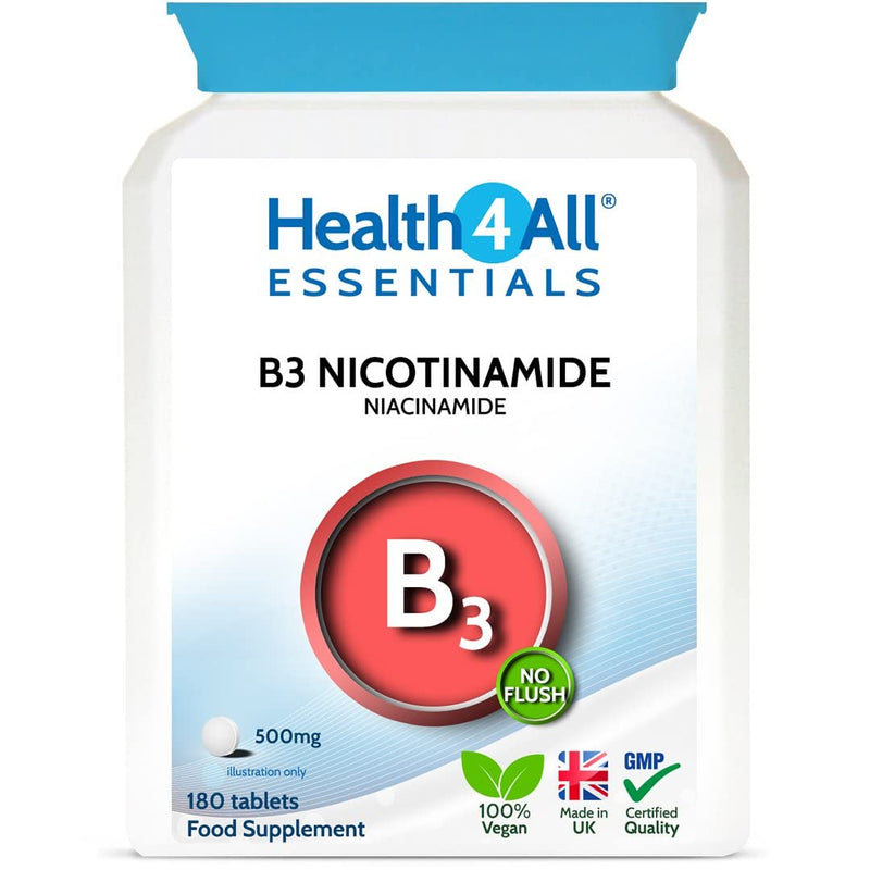 Vitamin B3 Nicotinamide (Niacinamide) 500mg 180 Tablets (V) Vegan. No-Flush Niacinamide. Made in The UK by Health4All - BeesActive Australia
