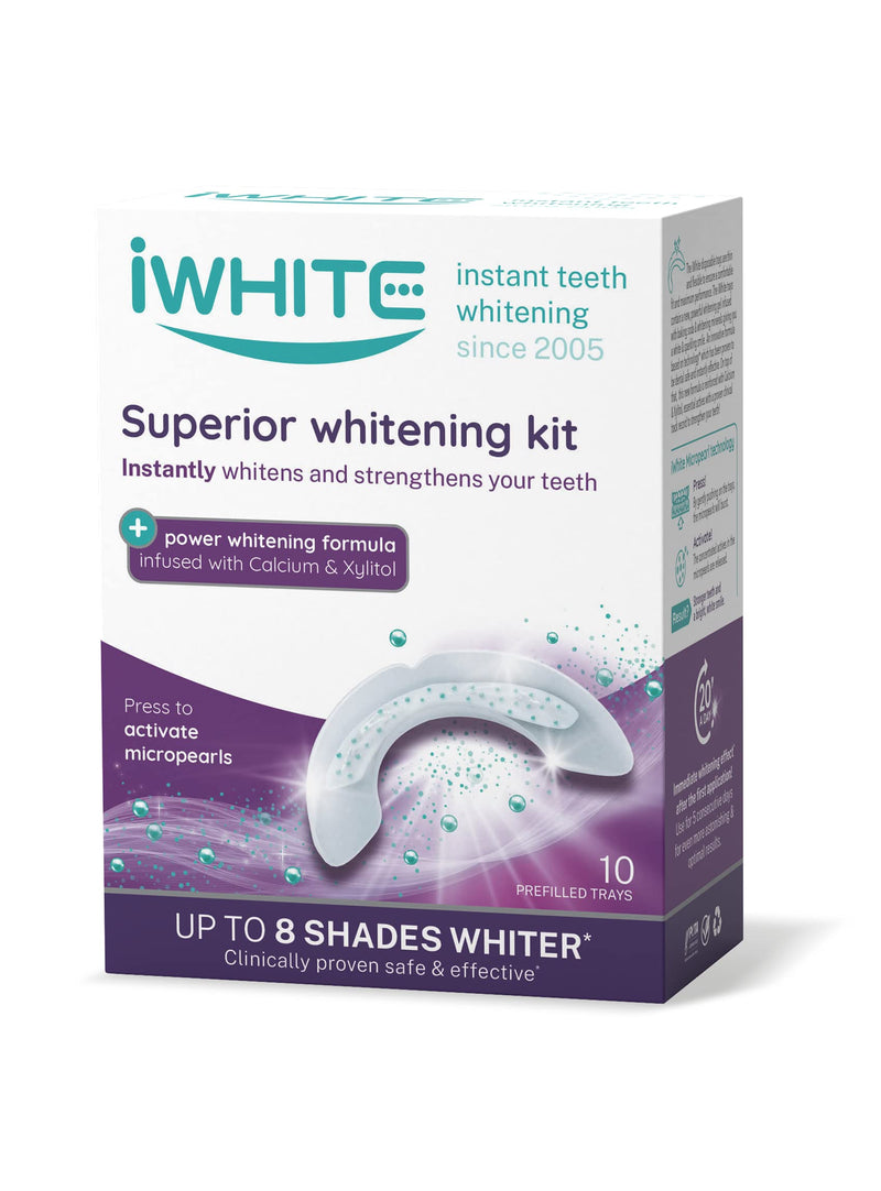 iWhite Superior Teeth Whitening Kit - Instantly Whitens, Strengthens & Restores Enamel - 10 Prefilled Trays Infused with Calcium and Xylitol for Tooth Whitening - Peroxide Free & Safe for Enamel - BeesActive Australia