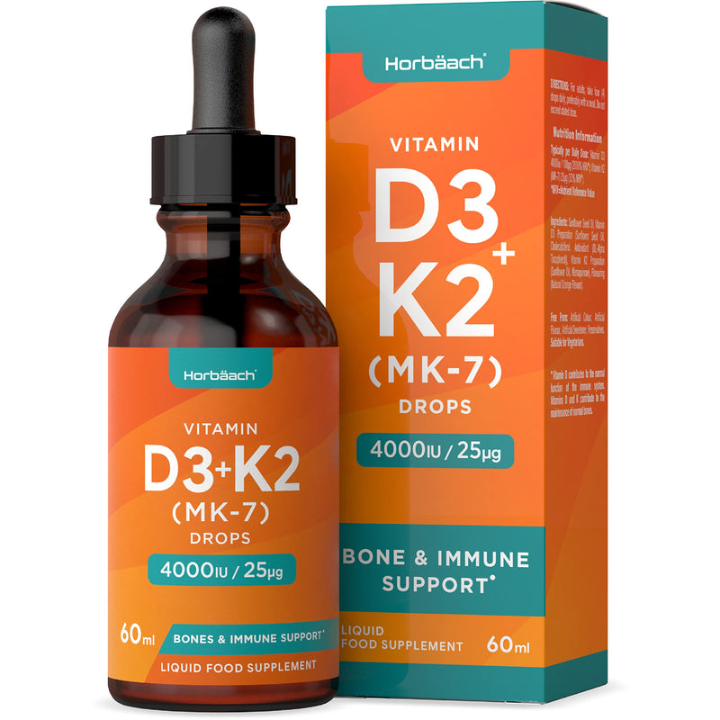 Vitamin D3 4000 IU Plus Vitamin K2 MK7 25ug | 60 ml Liquid Drops | High Strength Bone Health and Immune Support | by Horbaach - BeesActive Australia