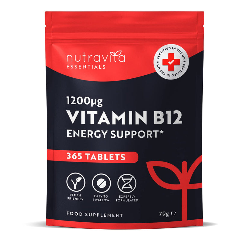 High Strength Vitamin B12 1200mcg Tablets - 365 Vegan Methylcobalamin Vitamin B Tablets - Contributes to The Reduction of Tiredness and Fatigue - VIT B12 - Made in The UK by Nutravita - BeesActive Australia