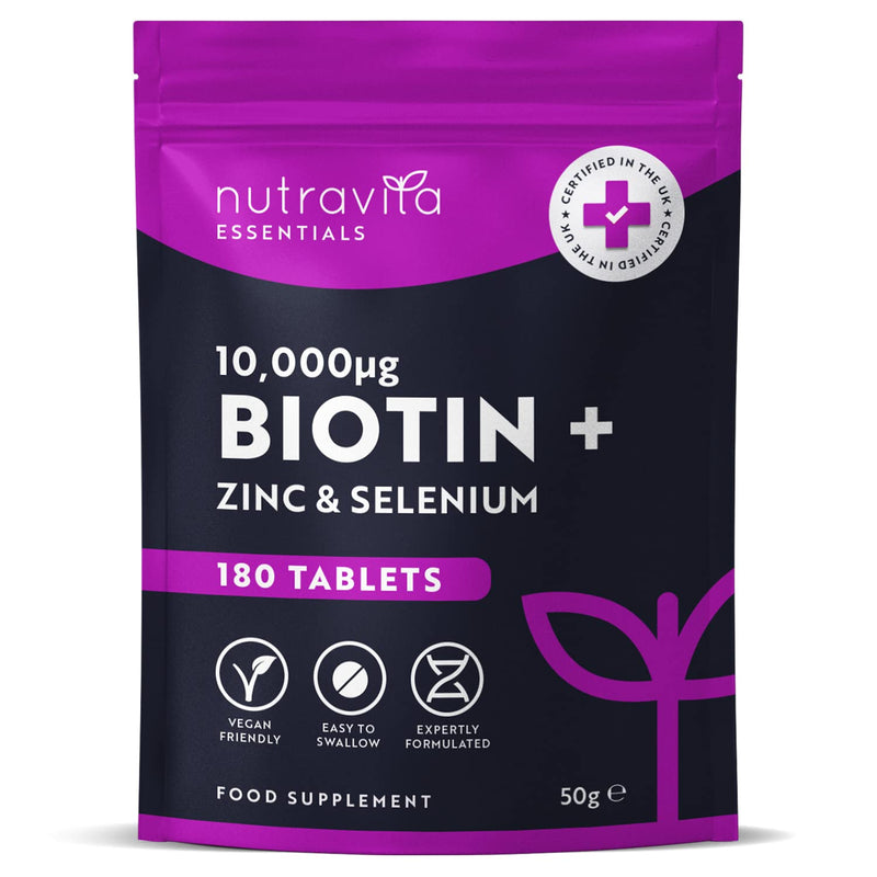 Biotin Hair Growth Supplement 10,000mcg - 180 Vegan High Strength Biotin Tablets Enhanced with Zinc & Selenium - Hair and Nails Vitamins for Women & Men - Supports Hair, Skin & Nail Growth - Nutravita - BeesActive Australia