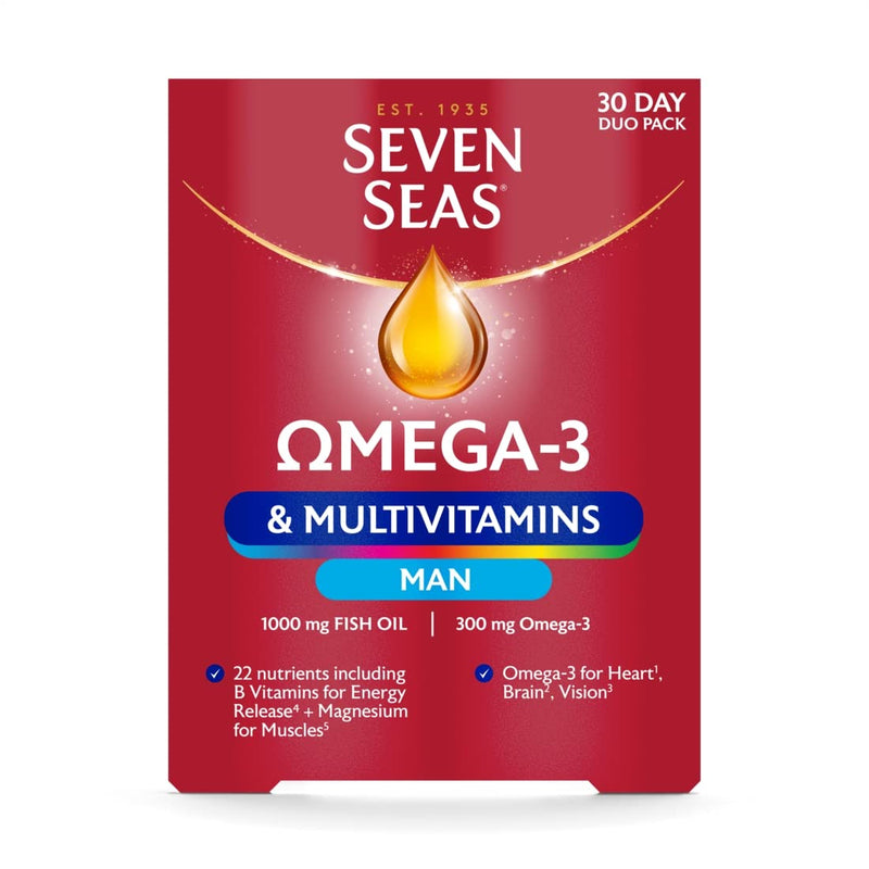 Seven Seas Omega-3 & Multivitamins Man, With B Vitamins and Magnesium, 30-Day Duo Pack, 30 Omega-3 Capsules and 30 Multivitamin Tablets Single - BeesActive Australia