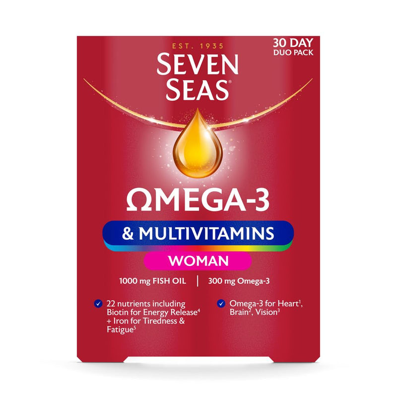 Seven Seas Omega-3 & Multivitamins Woman, With Biotin and Iron, 30-Day Duo Pack, 30 Omega-3 Capsules and 30 Multivitamin Tablets - BeesActive Australia
