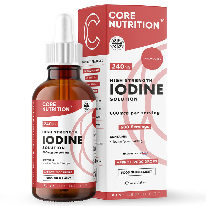 Iodine Liquid Drops - Vegan - High Strength 600mcg per Serving - 400 Servings - 240,000mcg per 60ml Dropper Bottle - Liquid Iodine Solution for Fast Absorption - Made in UK by Core Nutrition - BeesActive Australia