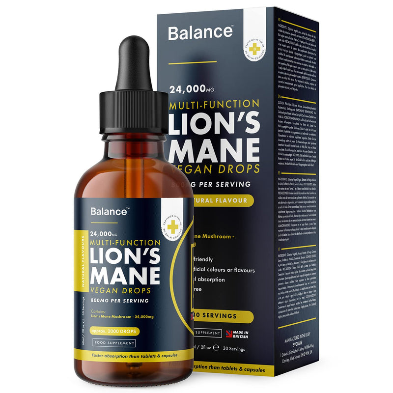 Lion's Mane Liquid Drops - High Strength 800mg - Vegan - 1 Month Supply - 30 Servings - 24,000mg per 60ml Dropper Bottle - Premium Lions Mane Extract for Fast Absorption - Made in UK by Balance - BeesActive Australia