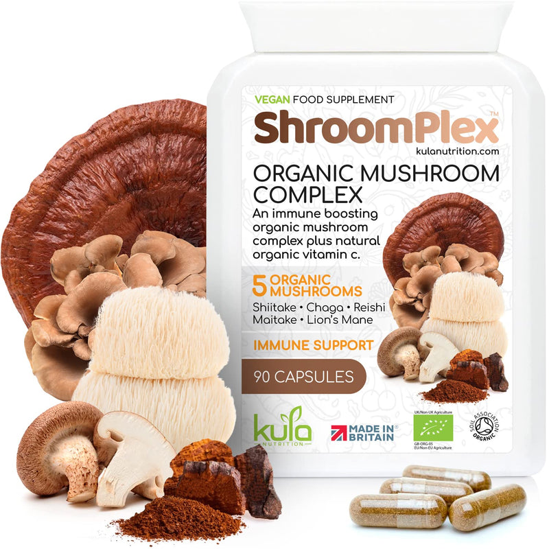 ShroomPlex Organic Mushroom Complex - Immune Boosting Mushroom Blend - 90 High Strength Vegan Capsules with Lions Mane, Shiitake, Chaga, Maitake and Reishi - Plus Organic Black Pepper & Vitamin C 1 Count (Pack of 1) - BeesActive Australia