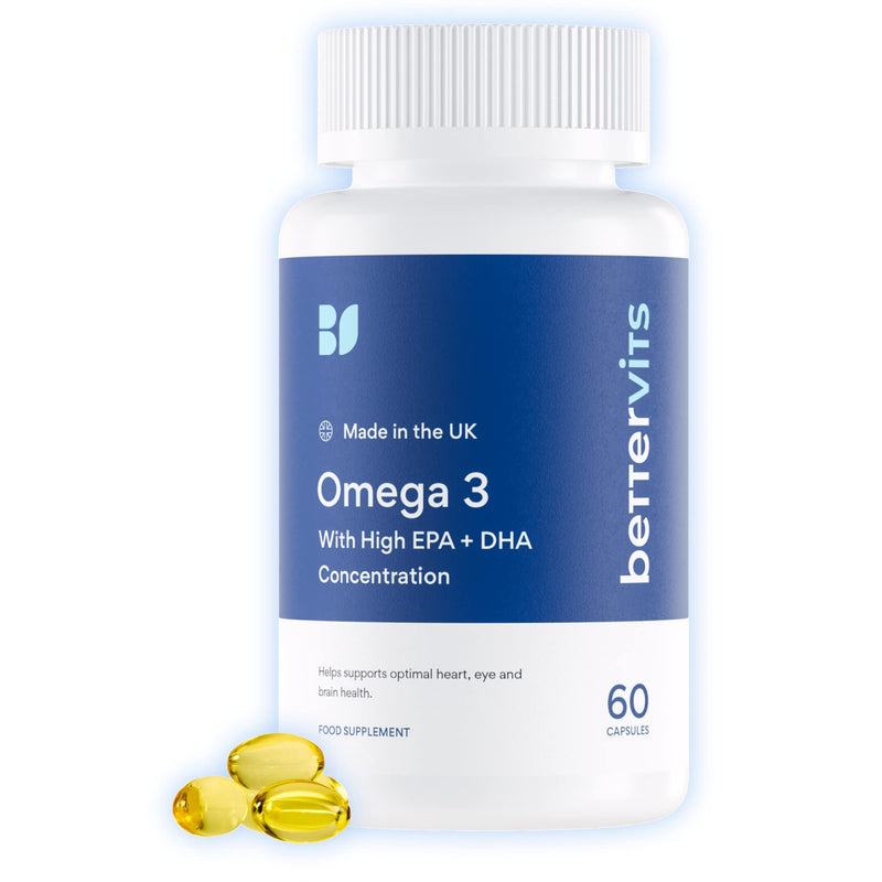Bettervits Omega 3 | 33% EPA & 22% DHA | Potent Fish Oil | Supports Mood | Supports Heart, Eye, Skin & Bone Health | Made in the UK - BeesActive Australia