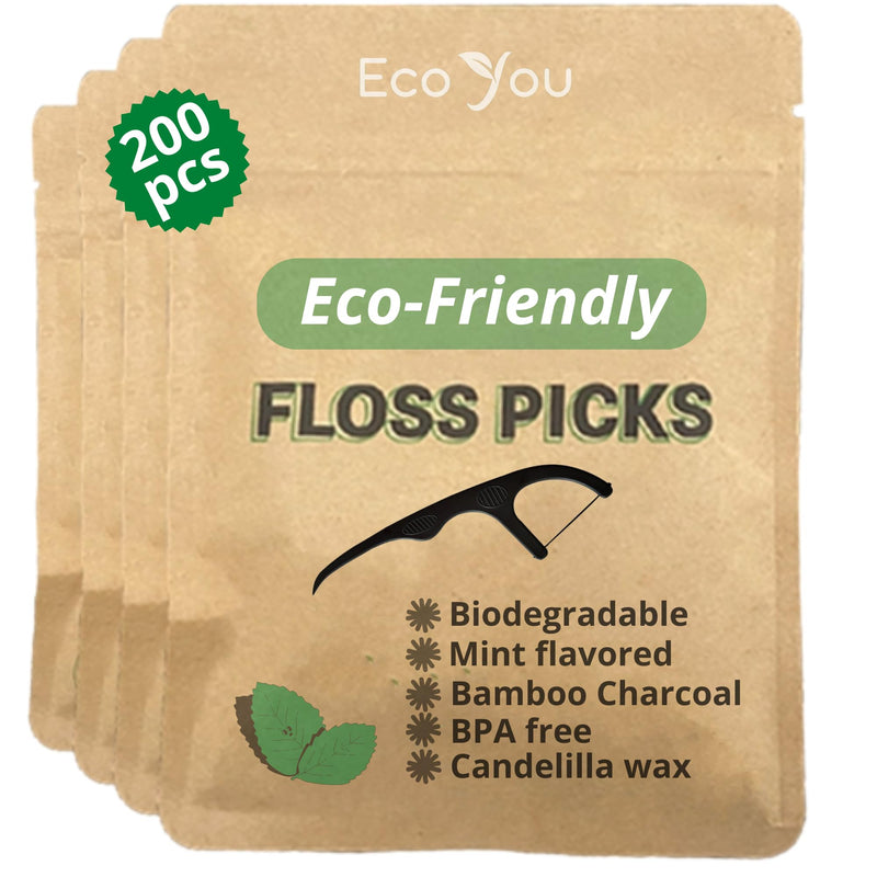 EcoYou Natural Bamboo Charcoal Dental Floss Picks | 200 Count (Pack of 4) | Candelilla Wax & Mint Flavored | Eco Friendly, Biodegradable, Plastic Free, Vegan, BPA Free - BeesActive Australia