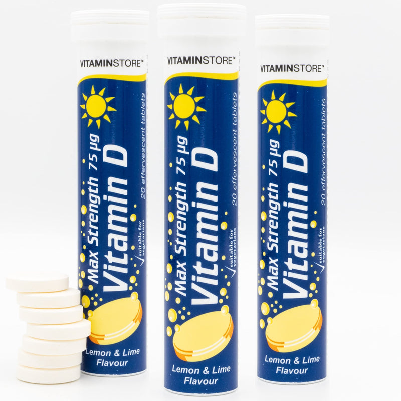 Vitamin Store Vitamin D Effervescent Tablets, 3 Packs of 20 High Strength Vitamin D Supplement - Max Strength 75ug - Lemon & Lime Flavoured Vegan Tablets To Support Bone Health & Healthy Immune System 1 Count (Pack of 3) - BeesActive Australia