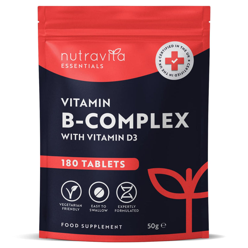 Vitamin B Complex - 180 High Strength Tablets (6 Months Supply) - All 8 B Vitamins B1-B2-B5-B6-B12, Biotin, Folic Acid and Vitamin D3 - Reduction of Tiredness & Fatigue - Made in The UK by Nutravita - BeesActive Australia