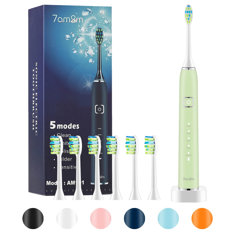 7am2m Sonic Electric Toothbrush with 6 Brush Heads for Adults and Kids, Wireless Fast Charge, One Charge for 60 Days,5 Modes with 2 Minutes Built in Smart Timer, Electric Toothbrushes(Green) No Travel Case Green - BeesActive Australia