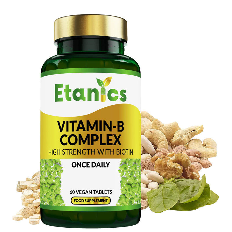 Etanics Vitamin B Complex 60 Tablets � All 8 B Vitamins B1, B2, B3, B5, B6, B12, Biotin & Folic Acid � Vegetarian & Vegan Made in the UK � Supports High Strength Mental Performance and Reduces Fatigue - BeesActive Australia