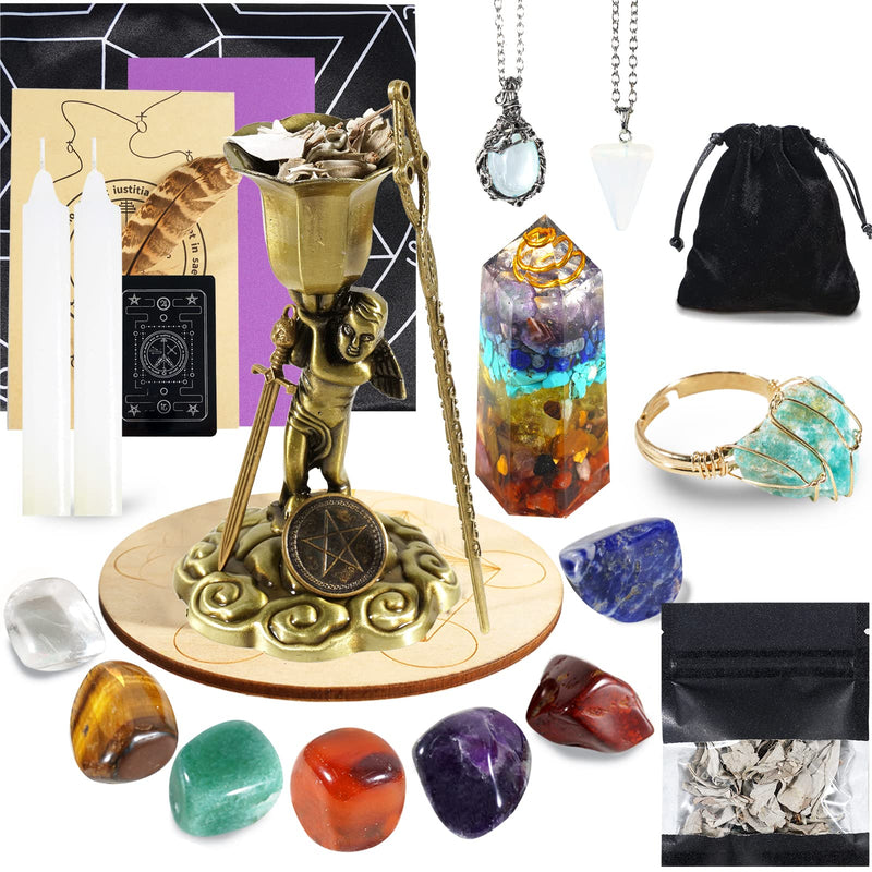 Soulnioi Witchcraft Supplies Set, Crystals Healing Set with 7 Chakra Stones,Sage, Scepter, Star Coin, Sword, Grail, for Meditation Spiritual, Witchcraft Starter Kit for Beginners (Gold Metal Ornament) H - BeesActive Australia