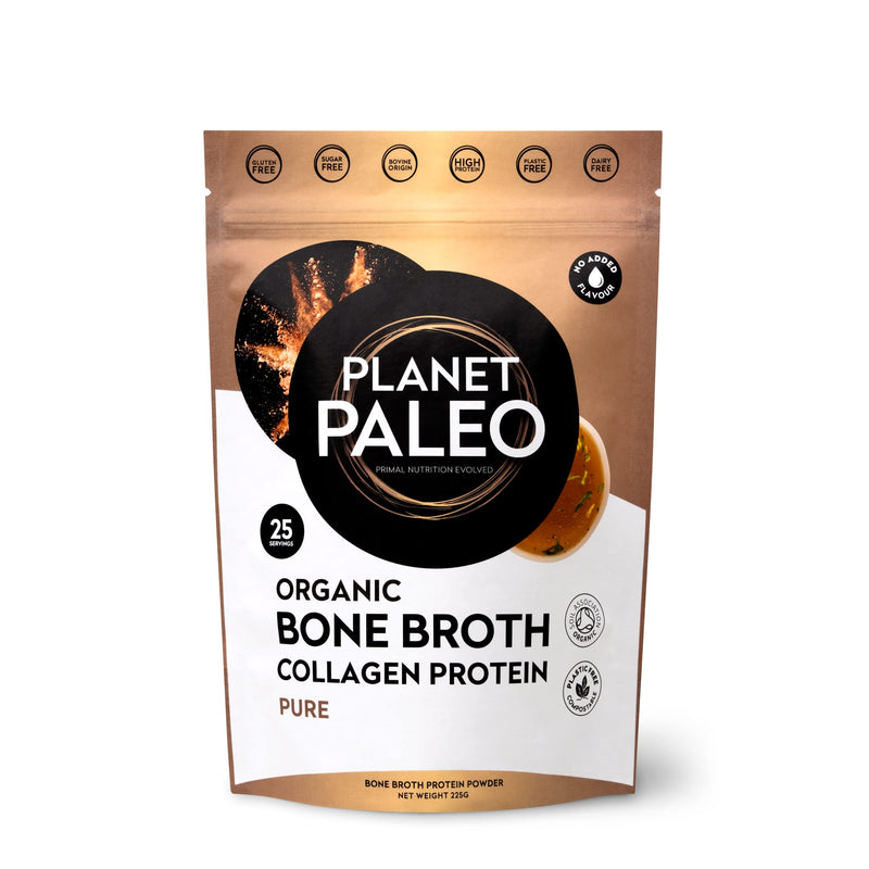 Bone Broth Powder (225g, 25 Servings) | Pure, Unflavoured | Organic, Grass Fed, High Protein, Versatile & Nutrient-Dense - Tissue Recovery, Gut Health, Hair, Skin and Nails - BeesActive Australia