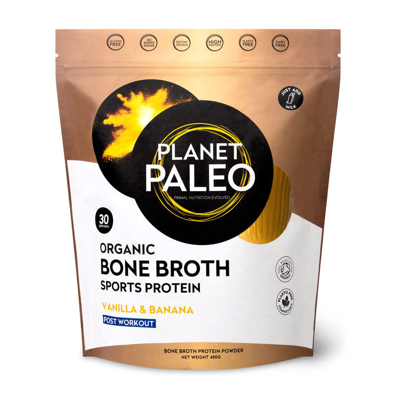 Planet Paleo Organic Bone Broth Protein Powder (480g, 30 Servings) - Vanilla & Banana | Organic, Grass Fed, High Protein | Tissue Recovery & Fitness | Post-Workout | 13g Protein per Serving 480g - BeesActive Australia