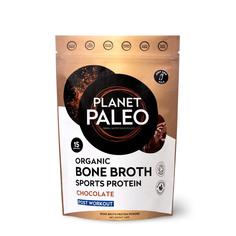 Planet Paleo Organic Bone Broth Protein Powder (240g, 15 Servings) | Chocolate | Organic, Grass Fed, High Protein | Raw Cacao | Tissue Recovery & Fitness | Post-Workout | 14g Per Serving 240g - BeesActive Australia