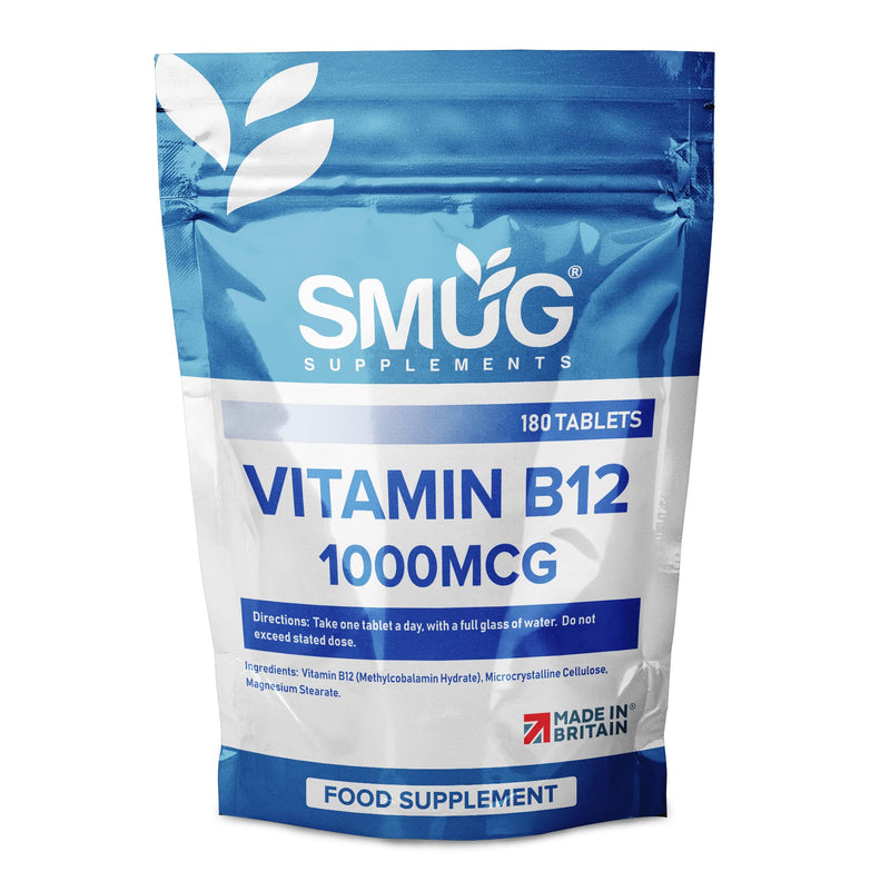SMUG Supplements Vitamin B12 Tablets - 180 High Strength 1000mcg Pills - Contributes to The Reduction of Fatigue and Tiredness - Suitable for Men and Women - Vegan Friendly - Made in Britain - BeesActive Australia