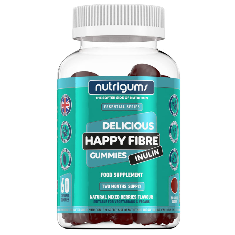 Happy Fibre (Inulin) Prebiotics Mixed Berry 60 Vegan Gummies | Chicory Root, 3.8g Fibre per 2 Gummies. Zero Added Sugar | Gut Health and Digestive System Support | Adults & Kids Age 5+ by NUTRIGUMS� - BeesActive Australia