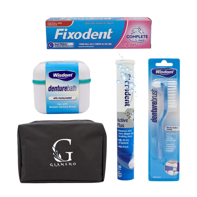 Denture Adhesive Cream | Denture Box-with Rinsing Basket | Denture Cleaning Tablets | Denture Brush Bundled with Glameno Toiletry Bag - BeesActive Australia