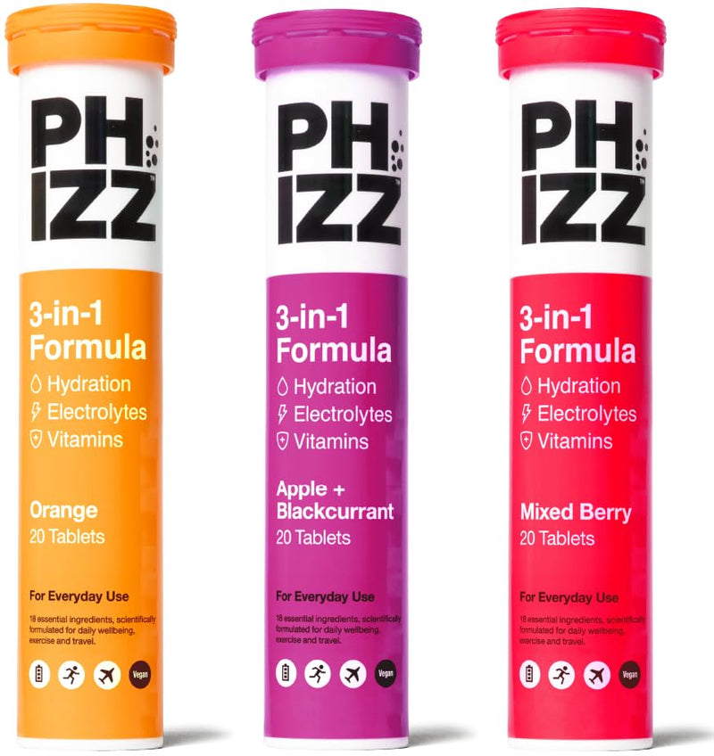 Phizz Electrolytes, Multivitamin & Hydration Tablets - Effervescent Rehydration Tablets - 18 Vitamins & Minerals, Vitamin C, Vegan, Vegetarian & Low Calorie (Variety 1, 60 Count (Pack of 3)) Variety 1 60 count (Pack of 1) - BeesActive Australia