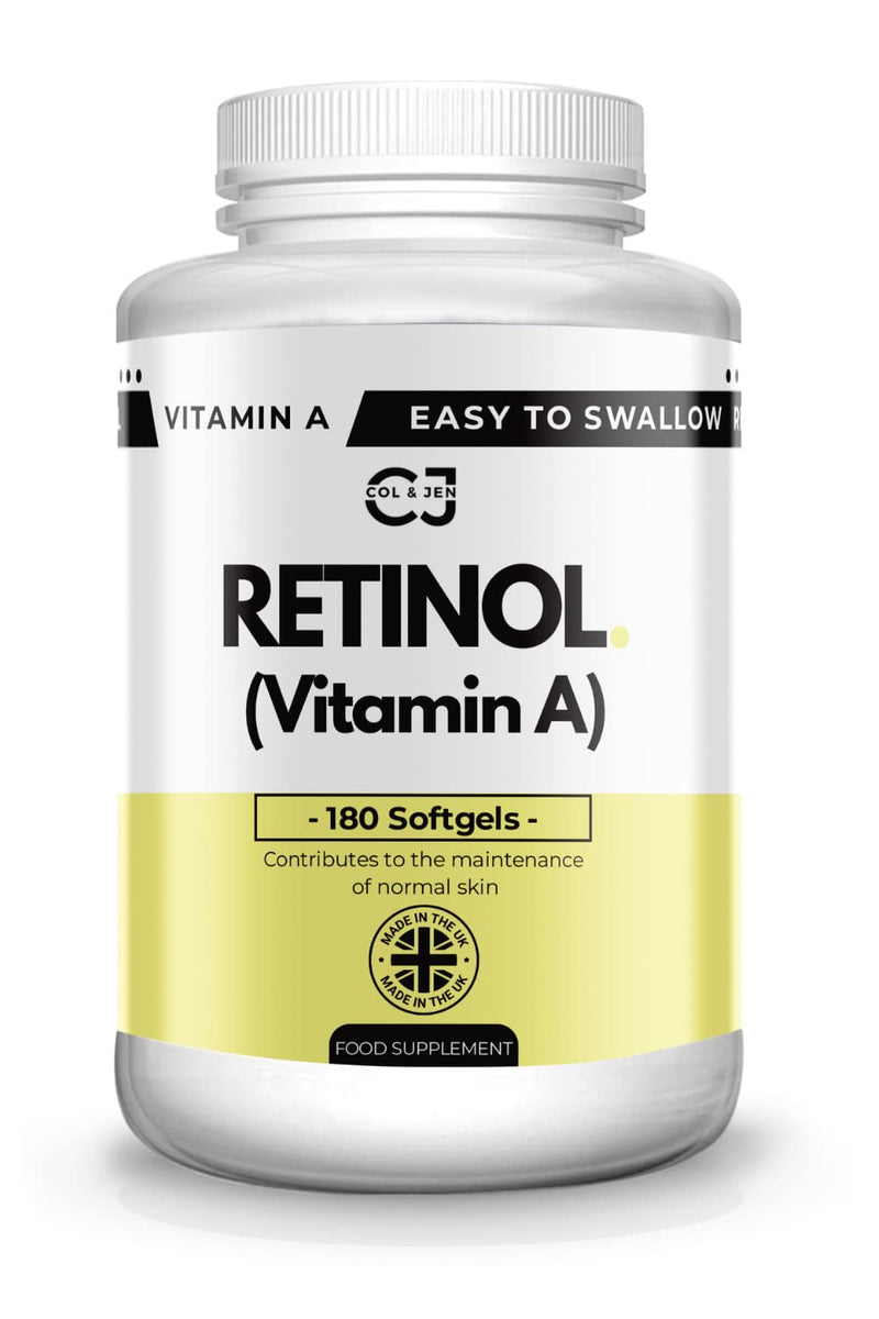 Retinol Vitamin A Softgel Capsules - Contributes to The Maintenance of Normal Skin & Vision - 180 Pack - Easy to Swallow - Made by Col & Jen - UK - BeesActive Australia
