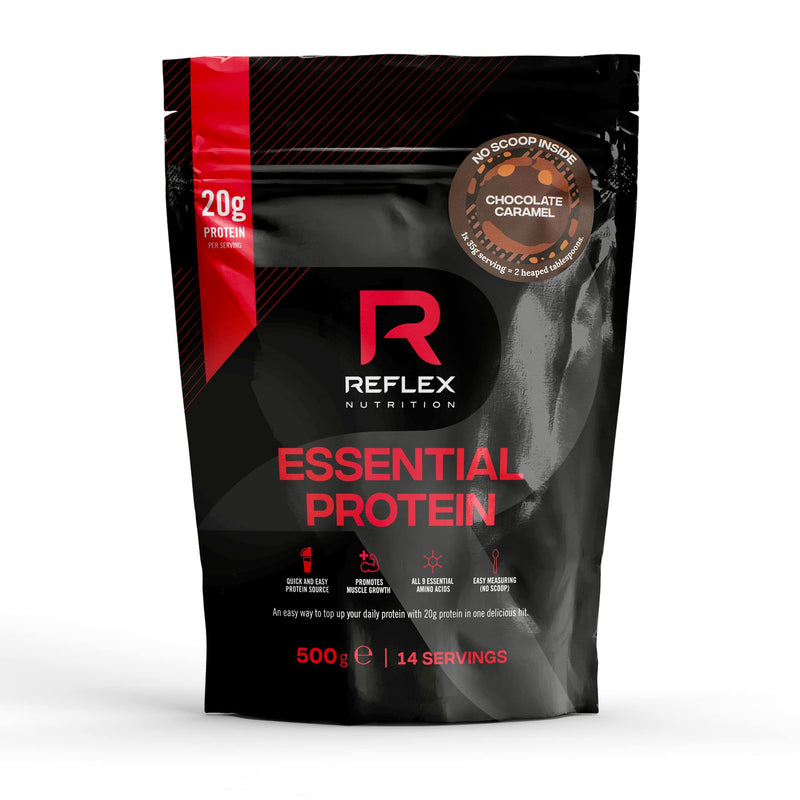 Reflex Nutrition Essential Whey Protein Powder | 20g Per Serving | All 9 Amino Acids | Chocolate Caramel, 500g - BeesActive Australia