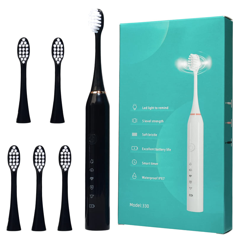 Sonic Electric Toothbrush, Rechargeable Power Toothbrush with 6 Duponts Brush Heads, with 2 Minute Smart Timer, 5 Modes with Teeth Whitening, Gift for Family Black - BeesActive Australia